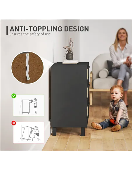 HOMCOM Rattan Bedroom Chest of Drawers, 3 Drawers Storage Unit, Boho Dresser for Living Room, Hallway, Black