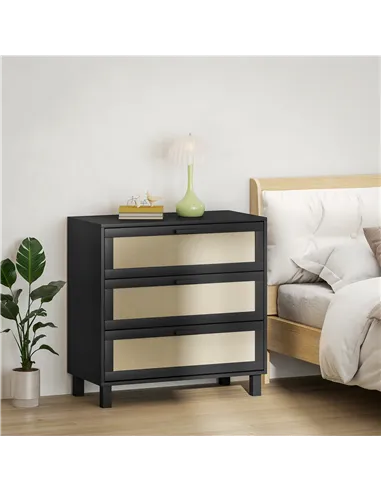 HOMCOM Rattan Bedroom Chest of Drawers, 3 Drawers Storage Unit, Boho Dresser for Living Room, Hallway, Black