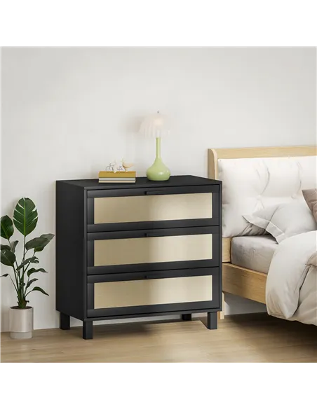 HOMCOM Rattan Bedroom Chest of Drawers, 3 Drawers Storage Unit, Boho Dresser for Living Room, Hallway, Black