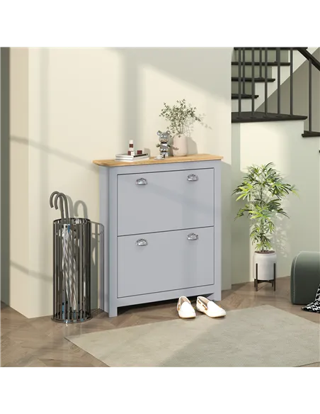 HOMCOM 2 Drawer Shoe Cabinet Modern Narrow Shoe Cupboard Hallway Wooden Storage Organiser with Flip Doors Adjustable Shelf for 6