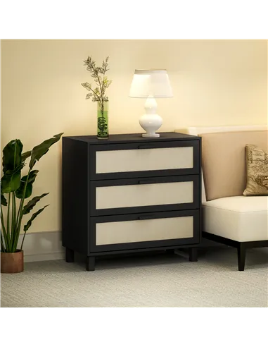 HOMCOM Rattan Bedroom Chest of Drawers, 3 Drawers Storage Unit, Boho Dresser for Living Room, Hallway, Black