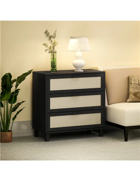 HOMCOM Rattan Bedroom Chest of Drawers, 3 Drawers Storage Unit, Boho Dresser for Living Room, Hallway, Black