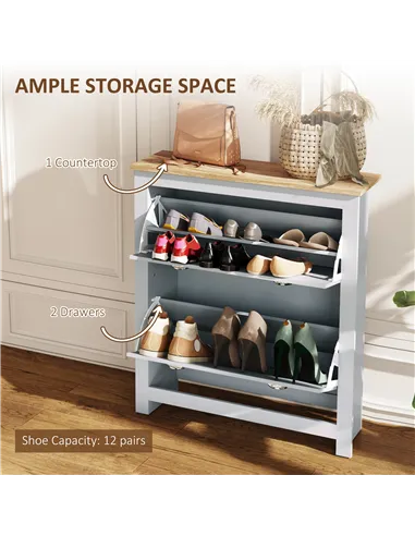 HOMCOM 2 Drawer Shoe Cabinet Modern Narrow Shoe Cupboard Hallway Wooden Storage Organiser with Flip Doors Adjustable Shelf for 6