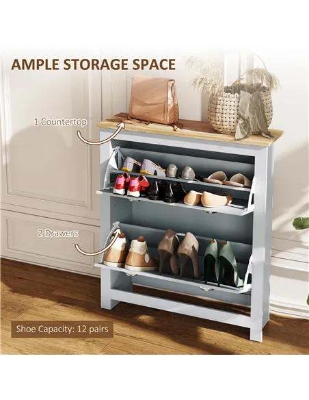 HOMCOM 2 Drawer Shoe Cabinet Modern Narrow Shoe Cupboard Hallway Wooden Storage Organiser with Flip Doors Adjustable Shelf for 6