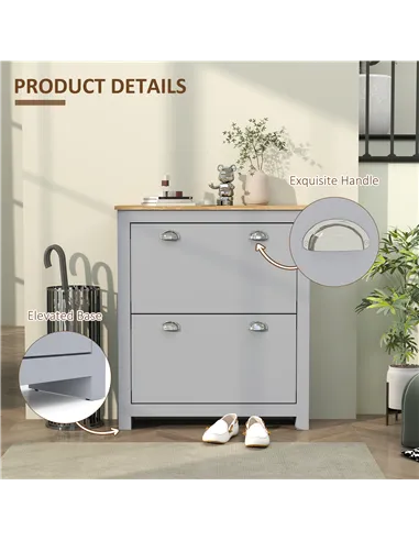 HOMCOM 2 Drawer Shoe Cabinet Modern Narrow Shoe Cupboard Hallway Wooden Storage Organiser with Flip Doors Adjustable Shelf for 6