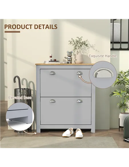 HOMCOM 2 Drawer Shoe Cabinet Modern Narrow Shoe Cupboard Hallway Wooden Storage Organiser with Flip Doors Adjustable Shelf for 6