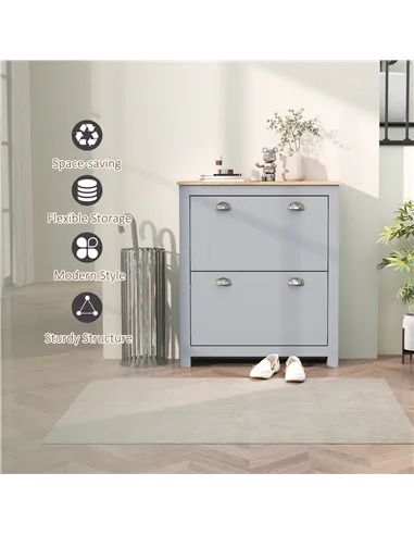 HOMCOM 2 Drawer Shoe Cabinet Modern Narrow Shoe Cupboard Hallway Wooden Storage Organiser with Flip Doors Adjustable Shelf for 6