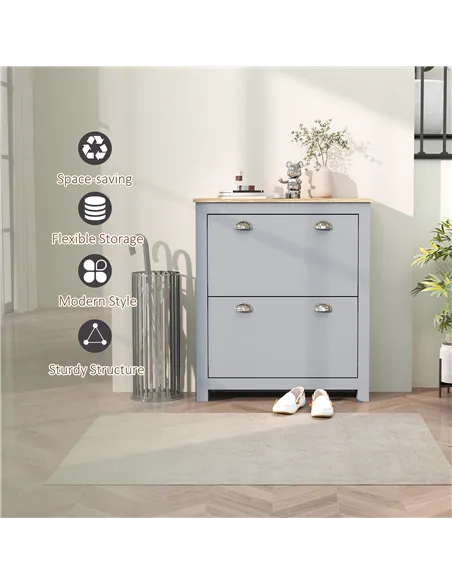 HOMCOM 2 Drawer Shoe Cabinet Modern Narrow Shoe Cupboard Hallway Wooden Storage Organiser with Flip Doors Adjustable Shelf for 6