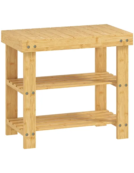 HOMCOM Two Shelf Bamboo Shoe Storage Bench - Natural Finish
