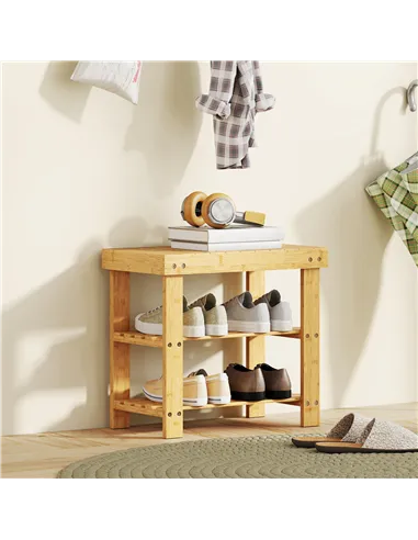 HOMCOM Two Shelf Bamboo Shoe Storage Bench - Natural Finish