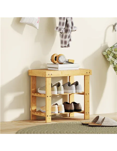 HOMCOM Two Shelf Bamboo Shoe Storage Bench - Natural Finish
