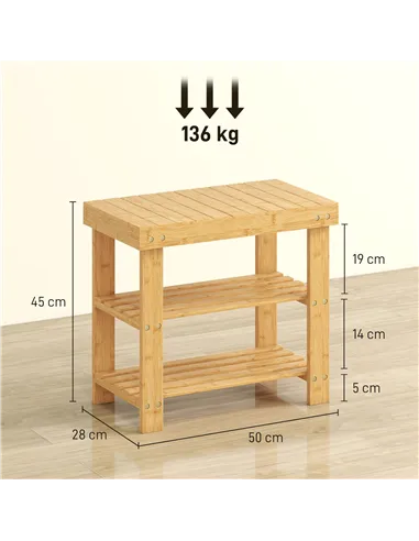 HOMCOM Two Shelf Bamboo Shoe Storage Bench - Natural Finish