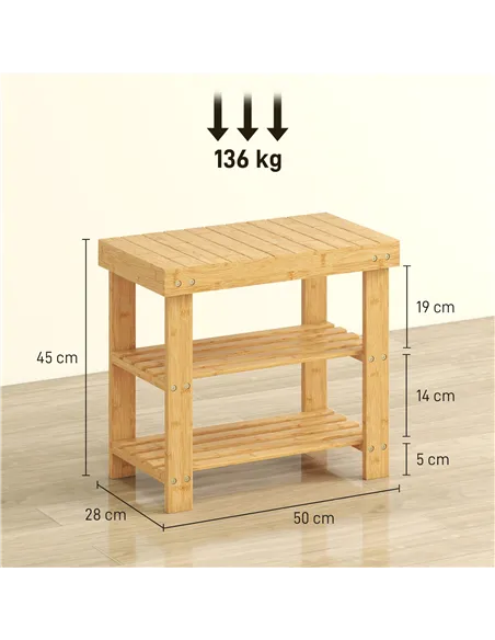 HOMCOM Two Shelf Bamboo Shoe Storage Bench - Natural Finish