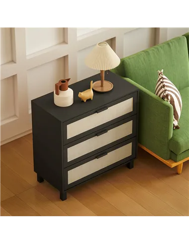 HOMCOM Rattan Bedroom Chest of Drawers, 3 Drawers Storage Unit, Boho Dresser for Living Room, Hallway, Black