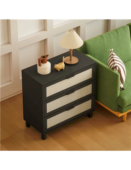 HOMCOM Rattan Bedroom Chest of Drawers, 3 Drawers Storage Unit, Boho Dresser for Living Room, Hallway, Black