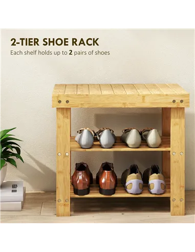 HOMCOM Two Shelf Bamboo Shoe Storage Bench - Natural Finish