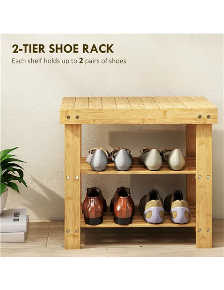 HOMCOM Two Shelf Bamboo Shoe Storage Bench - Natural Finish