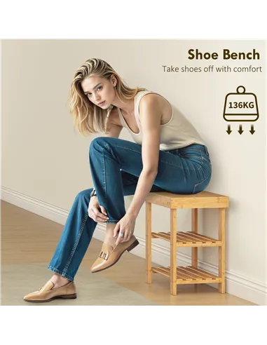 HOMCOM Two Shelf Bamboo Shoe Storage Bench - Natural Finish