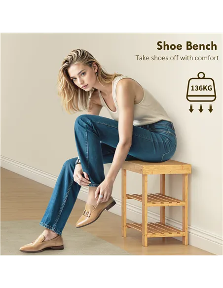 HOMCOM Two Shelf Bamboo Shoe Storage Bench - Natural Finish