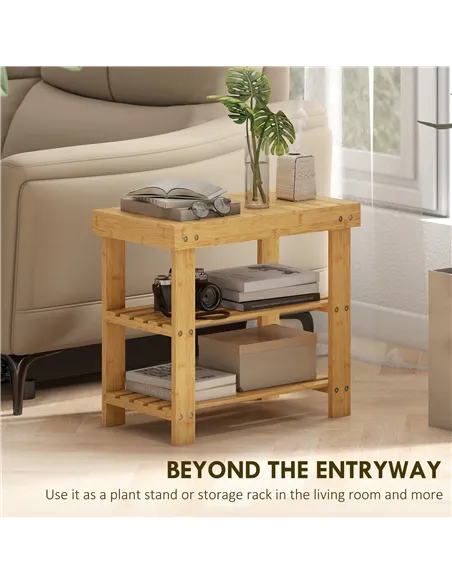 HOMCOM Two Shelf Bamboo Shoe Storage Bench - Natural Finish
