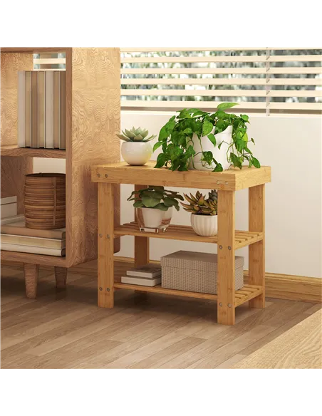 HOMCOM Two Shelf Bamboo Shoe Storage Bench - Natural Finish
