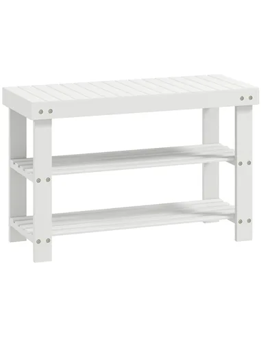 HOMCOM Two Shelf Bamboo Shoe Storage Bench - White
