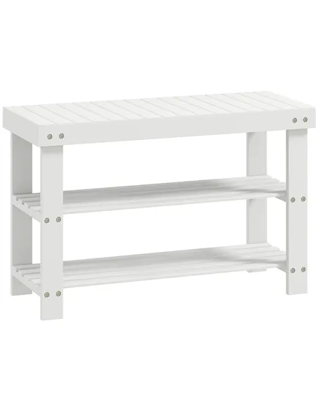 HOMCOM Two Shelf Bamboo Shoe Storage Bench - White