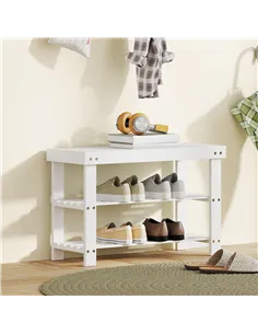 HOMCOM Two Shelf Bamboo Shoe Storage Bench - White 2