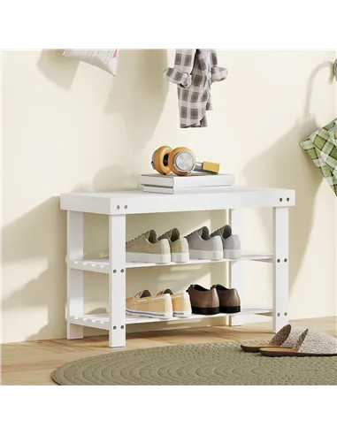 HOMCOM Two Shelf Bamboo Shoe Storage Bench - White