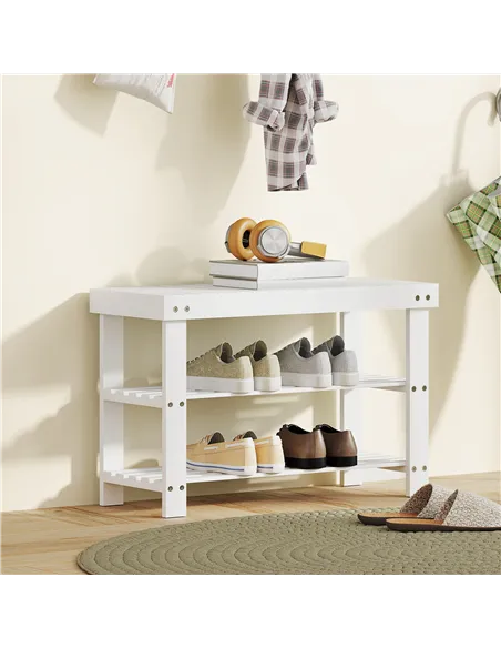 HOMCOM Two Shelf Bamboo Shoe Storage Bench - White
