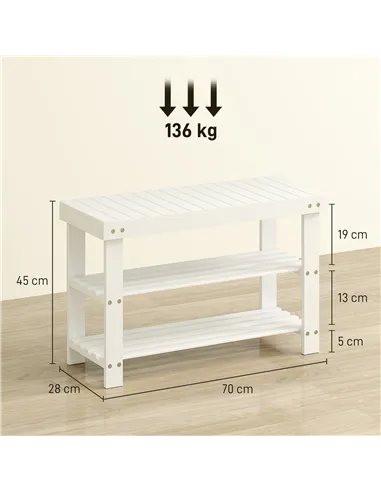 HOMCOM Two Shelf Bamboo Shoe Storage Bench - White