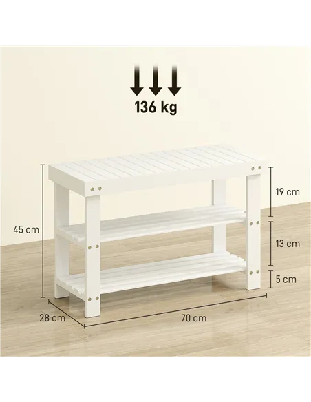 HOMCOM Two Shelf Bamboo Shoe Storage Bench - White