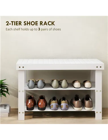 HOMCOM Two Shelf Bamboo Shoe Storage Bench - White