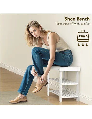 HOMCOM Two Shelf Bamboo Shoe Storage Bench - White