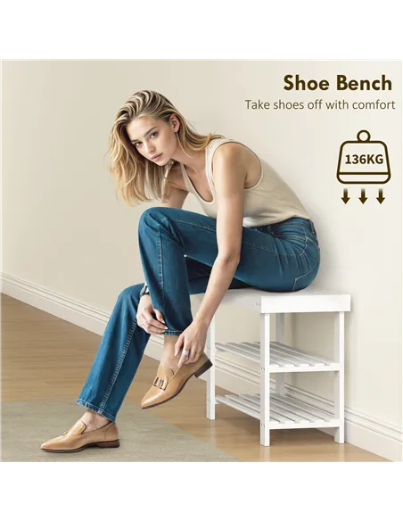 HOMCOM Two Shelf Bamboo Shoe Storage Bench - White