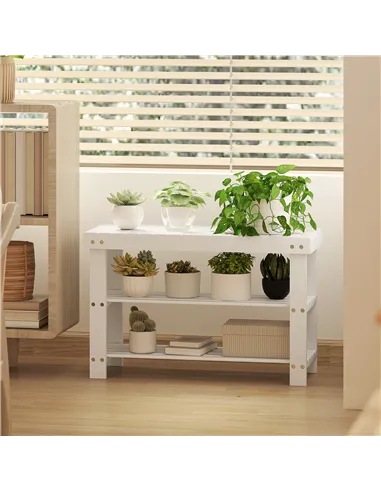 HOMCOM Two Shelf Bamboo Shoe Storage Bench - White