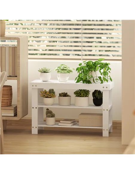HOMCOM Two Shelf Bamboo Shoe Storage Bench - White