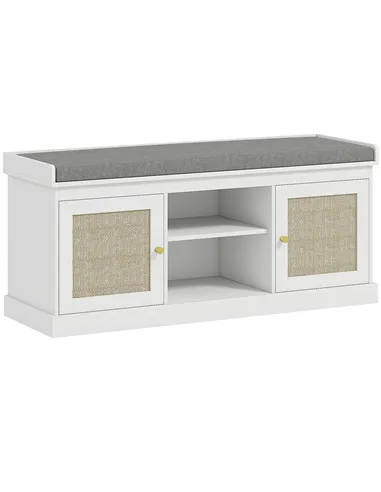 HOMCOM Boho Shoe Storage Bench with Padded Cushion and Rattan Doors - White