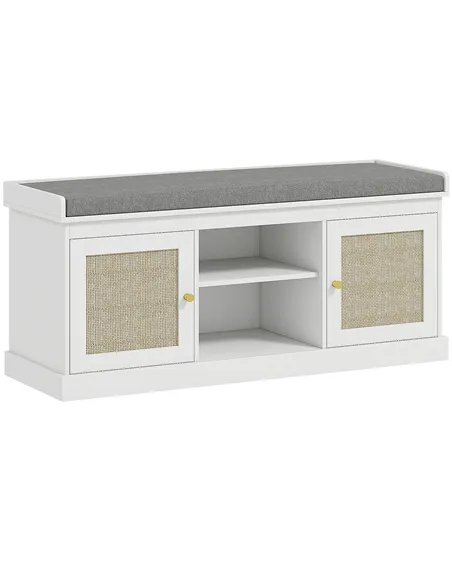 HOMCOM Boho Shoe Storage Bench with Padded Cushion and Rattan Doors - White