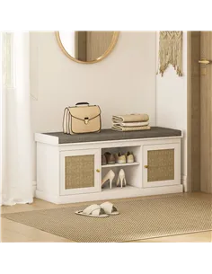 HOMCOM Boho Shoe Storage Bench with Padded Cushion and Rattan Doors - White 2