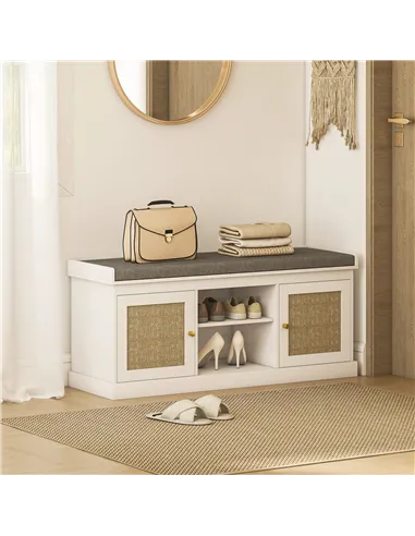 HOMCOM Boho Shoe Storage Bench with Padded Cushion and Rattan Doors - White