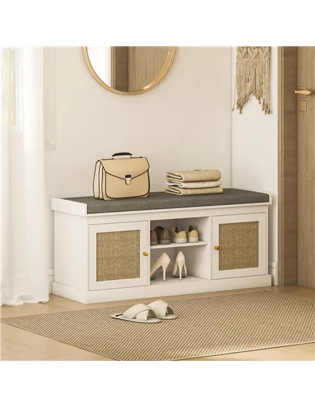 HOMCOM Boho Shoe Storage Bench with Padded Cushion and Rattan Doors - White
