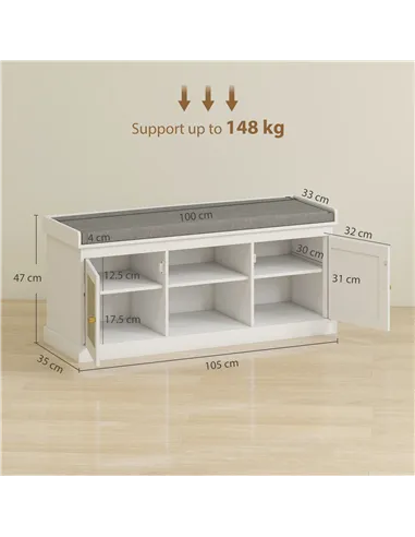HOMCOM Boho Shoe Storage Bench with Padded Cushion and Rattan Doors - White