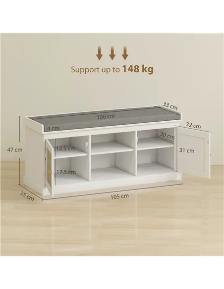 HOMCOM Boho Shoe Storage Bench with Padded Cushion and Rattan Doors - White