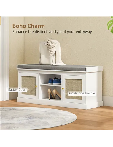 HOMCOM Boho Shoe Storage Bench with Padded Cushion and Rattan Doors - White