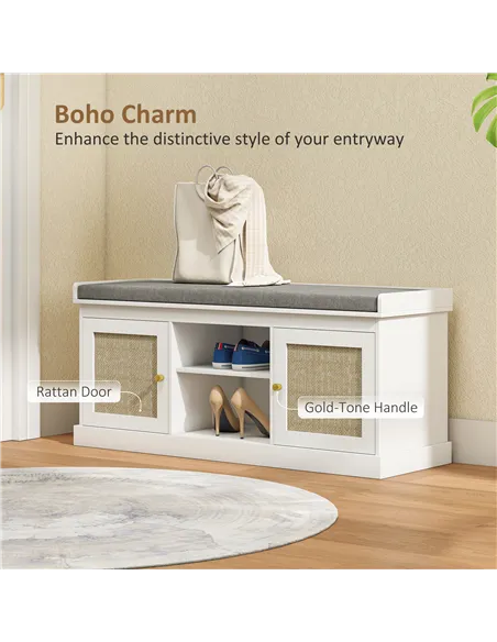 HOMCOM Boho Shoe Storage Bench with Padded Cushion and Rattan Doors - White