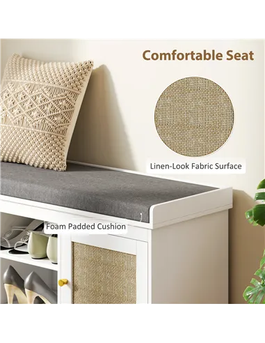 HOMCOM Boho Shoe Storage Bench with Padded Cushion and Rattan Doors - White
