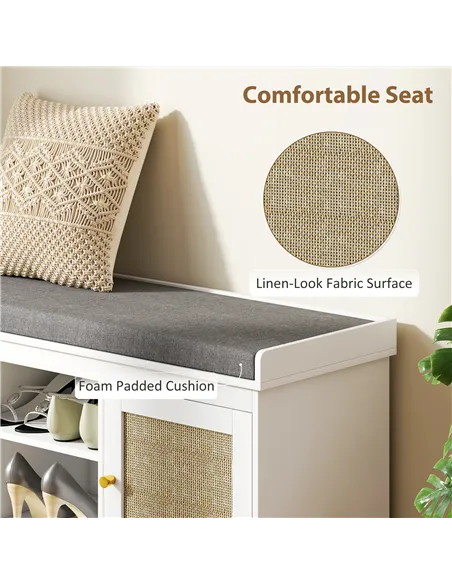 HOMCOM Boho Shoe Storage Bench with Padded Cushion and Rattan Doors - White