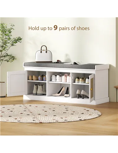 HOMCOM Boho Shoe Storage Bench with Padded Cushion and Rattan Doors - White