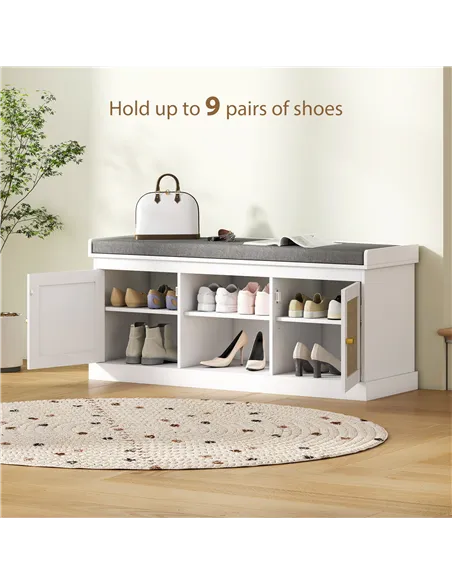 HOMCOM Boho Shoe Storage Bench with Padded Cushion and Rattan Doors - White